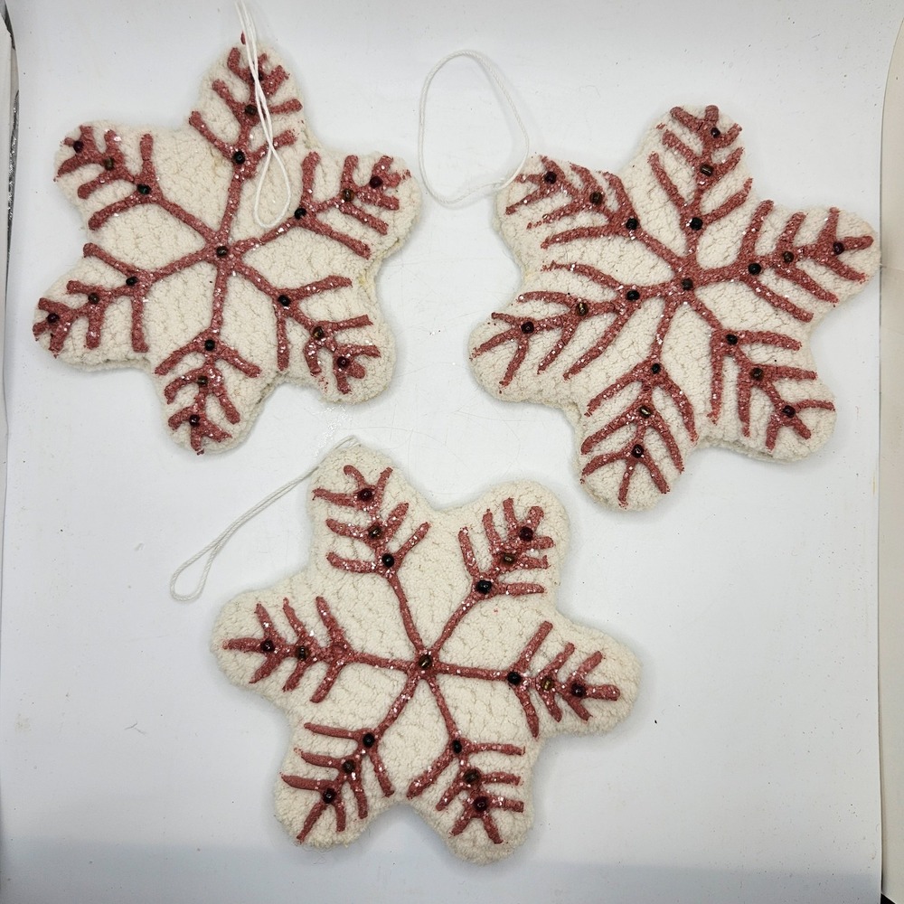 Vintage Snowflake Ornaments Pink Beaded Glitter Set of 3